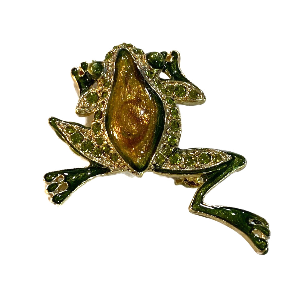 Hopping Frog Brooch Fashion Jewelry Enamel Pin Gold Brown & Green Rhinestones
